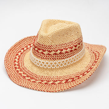 Beaded Pearl Accented Straw Hat with Soft Top Pinch Crown