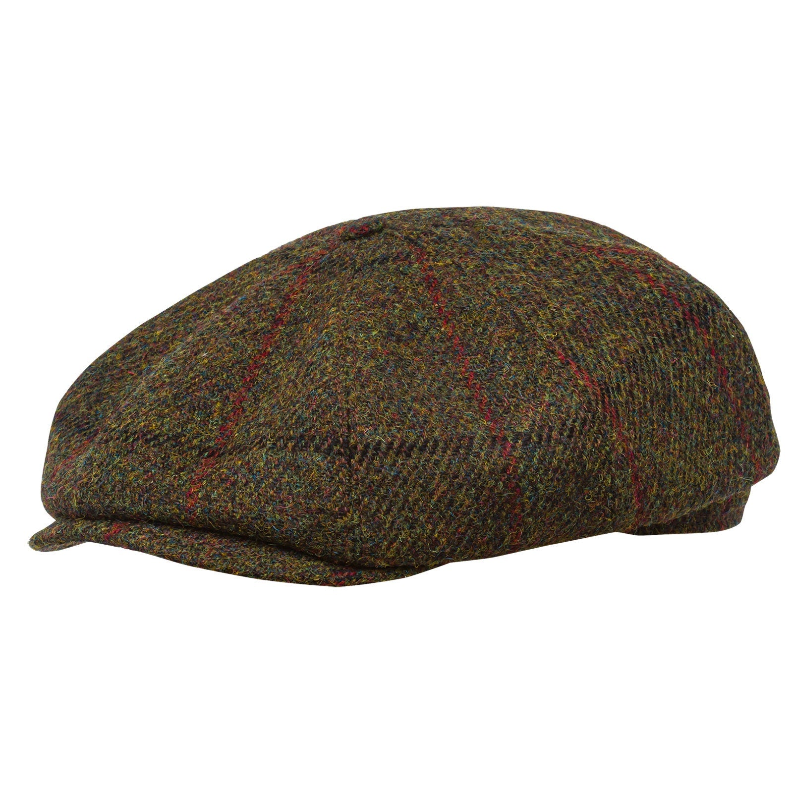 Eight Piece Wool Newsboy Cap-Green/Red Tweed