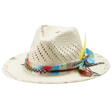 Artistic Straw Hat – Burnt Brim, Feather and Beaded Cord