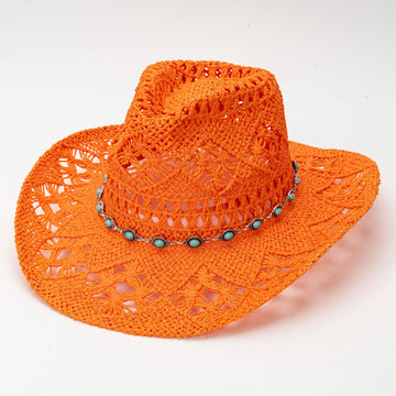 Vibrant Orange Crochet Straw Hat with Turquoise-Style Chain Band