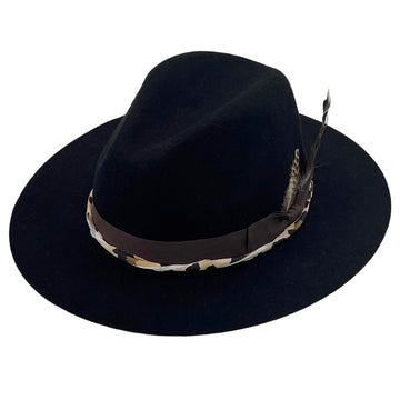 Modern Black Hat – Bold Print & Feather Detail