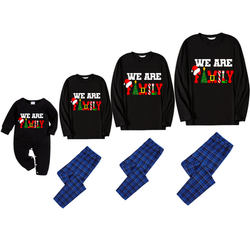 Christmas "We are Family" Text Print Black Long Sleeve Top with Blue & Black Plaid Family Matching Pajamas