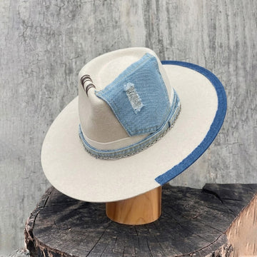 Cream Felt Fedora with Denim & Silver Chain