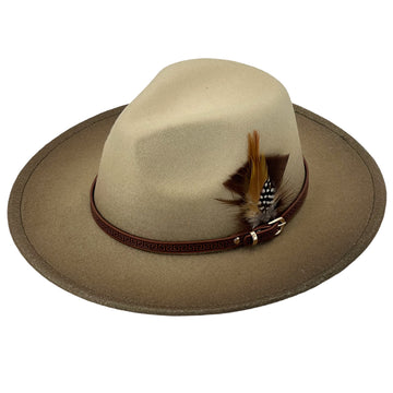 Ombre Beige Flat-Brim – Custom Leather Band & Feather