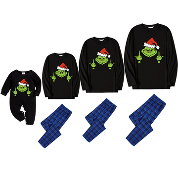 Christmas Matching Cartoon Pattern Print Black Long Sleeve Top with Blue & Black Plaid Family Matching Pajamas