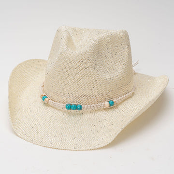 Off-White Shimmering Knit Straw Hat with Beaded Braided Band