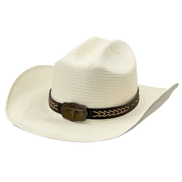 Beige Summer Straw Hat w/ Carved Metal Accent