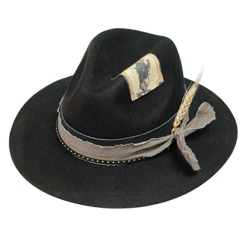 Black Felt Hat – Leather & Fabric Band, Vintage Appliqué
