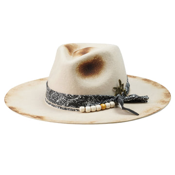 Straight-Brim Felt Hat – Beaded Band, Vintage Metal Pin