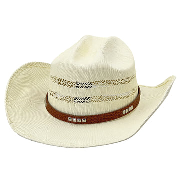 Straw Hat with Patterned Leather & Metal Clasp