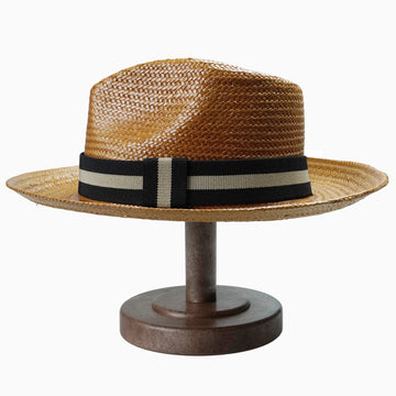 Natural Brown Straw Fedora with Striped Contrast Hatband