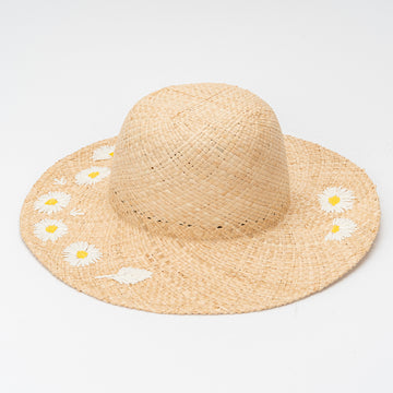 Camel-Tone Breathable Straw Hat with Daisy Embroidery & Round Crown