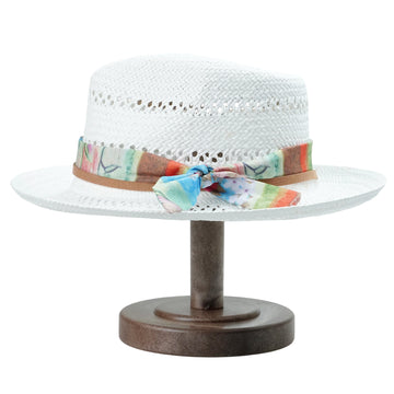 White Straw Hat - Hollow Design with Colorful Fabric Accent