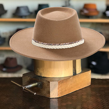 Brown Felt Hat with Flat Crown and White Woven Hatband