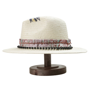 White Straw Hat with Printed Band & Black Beads