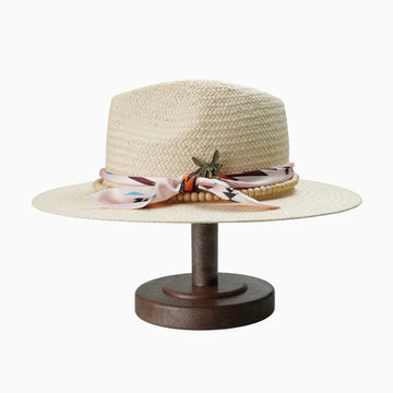 Beige Straw Fedora with Southwestern Patterned Scarf & Bead Trim