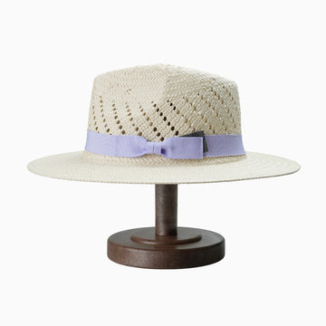 Off-White Breathable Straw Fedora with Lavender Ribbon Band