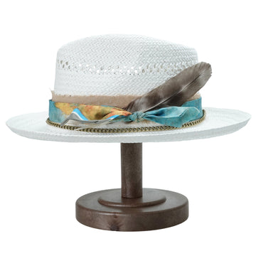 White Straw Hat - Classic Teardrop with Metal Chain Detail