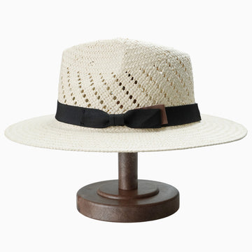 Beige Breathable Straw Fedora with Vibrant Geometric Hatband