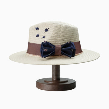 Beige Straw Fedora with Star Embroidery and Bow Detail