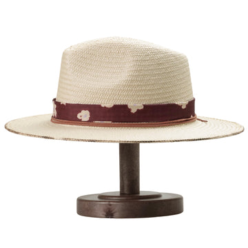 Beige Straw Hat with Floral Band & Burnt Edge Design