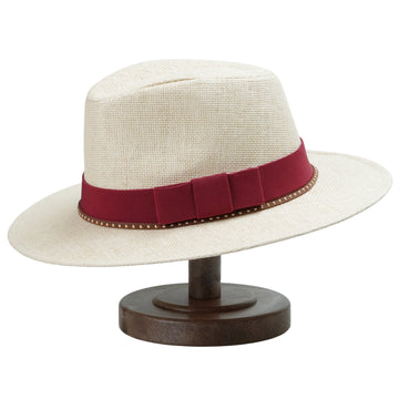 Beige Straw Hat with Dark Red Wide Band & Thin Cord