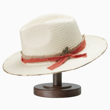 Off-White Breathable Straw Fedora with Distressed Red Band & Butterfly Pin