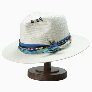 White Breathable Straw Hat with Beaded & Eagle Charm Band