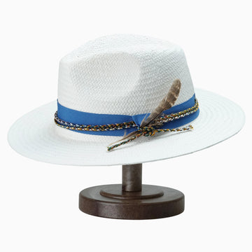 White Breathable Straw Fedora with Blue Ribbon, Braided Cord & Feather Trim