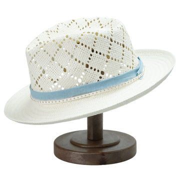 White Straw Hat with Cutout Crown & Light Blue Band