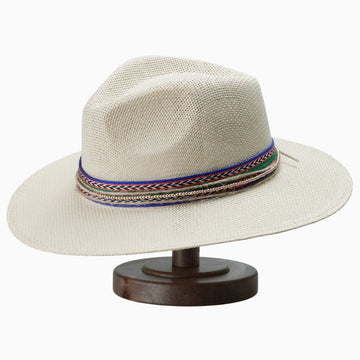 Natural Straw Fedora with Multi-Colored Woven Band & Beaded Trim