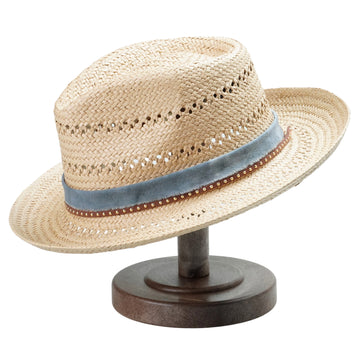 Natural Straw Hat with Cutout Crown & Blue Fabric Band