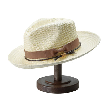 Beige Straw Fedora with Brown Ribbon and Braided Cord Detail