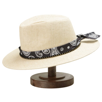 Off-White Straw Hat with Black & White Pattern Band