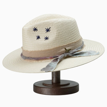 Beige Breathable Straw Fedora with Distressed Fabric & Eagle Charm Band