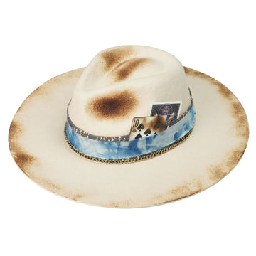 Hand-Burned Edgy Felt Hat – Metal Chain, Fire-Marked Brim