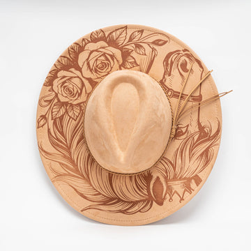 Suede-Finish Fedora with Laser-Engraved Floral & Feather Accents