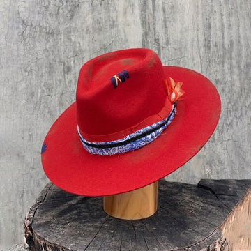 Red Felt Fedora with Patterned Band & Bow