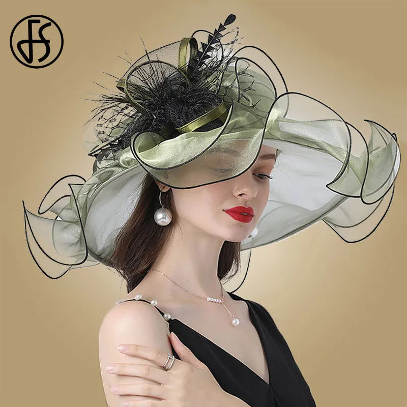 FS Wedding Bride Fascinator Hat For Women Ladies Kentucky Derby Organza Hats Tea Party Dress Large Wide Brim Fedoras Feather