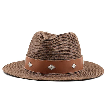 Casual Straw Wide Brim Hat with Genuine Leather Band