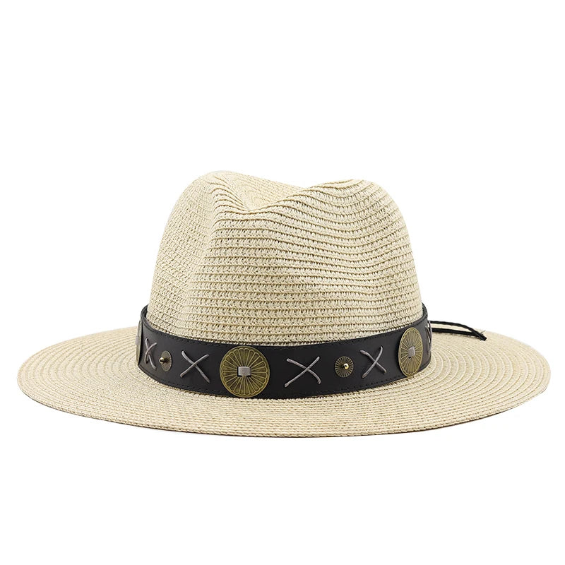 Summer Straw Wide Brim Hat with Leather Band