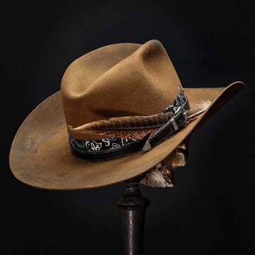 Distressed Fedora with Camel Color Black and White Striped Ribbon