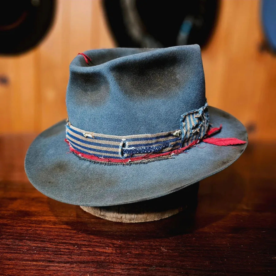 Distressed Fedora with Feather Rope Conical Crown Curved Brim