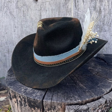 Black Rolled Brim Felt Hat with Denim & Dried Flowers