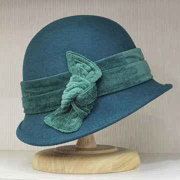 Womens Retro Style Wool Blower Hat Velvet Bow Fedora Hat Curling Brim Cloche Hat Ladies Church Wedding Hat Bucket Hat