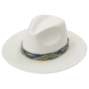 White Straw Hat – Woven Blue & Yellow Trim