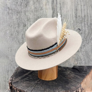 Oatmeal Felt Hat - Silver Chain & Floral Accent Detail
