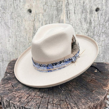 White Felt Fedora with Patterned Band & Feather