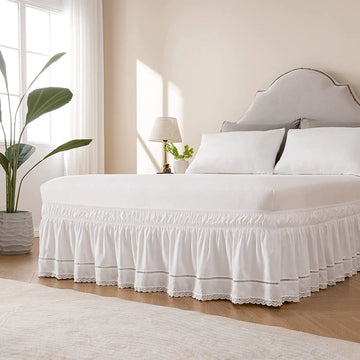 White Bed Skirt with Lace Design Stretched Elastic Wrapping Bed Skirts